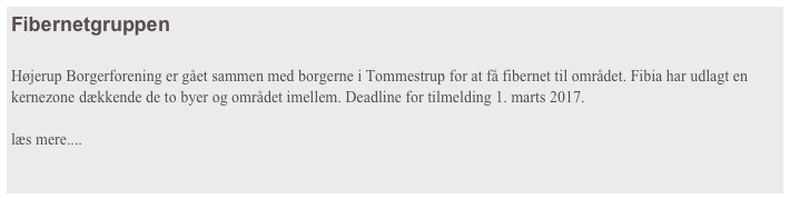 Fibernetgruppen

Højerup Borgerforening er gået sammen med borgerne i Tommestrup for at få fibernet til området. Fibia har udlagt en kernezone dækkende de to byer og området imellem. Deadline for tilmelding 1. marts 2017.

læs mere....

